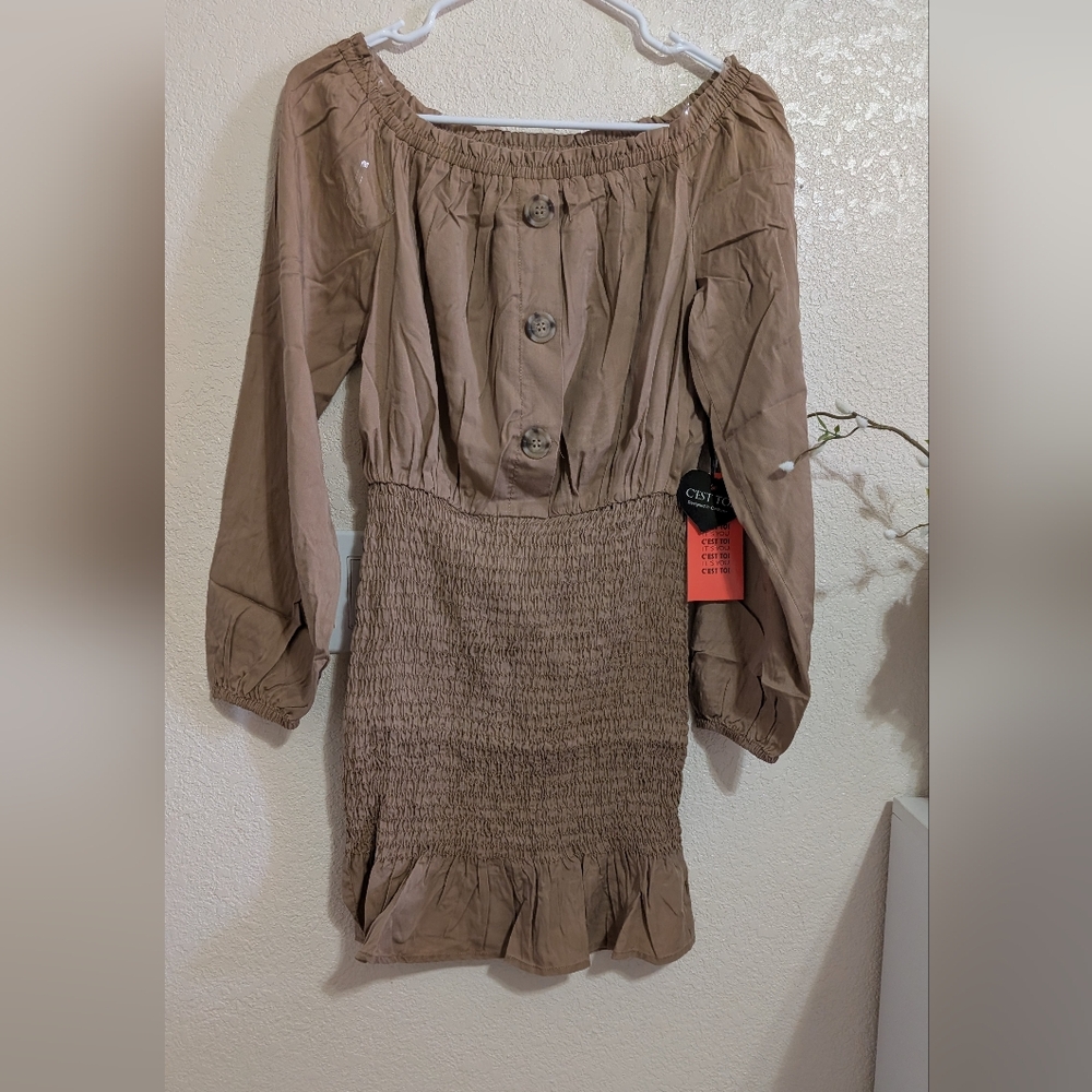 Tan Smocked Dress with Button Detail - Picture 2 of 2